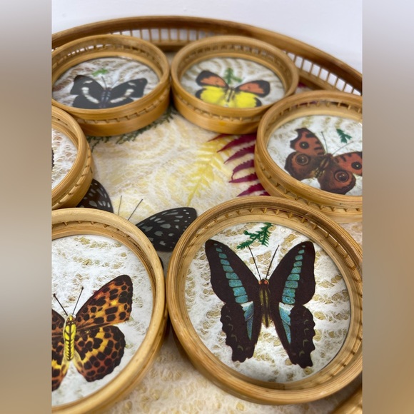 Vintage Bamboo/Rattan/Glass pressed flower & Butterfly tray/coaster set 7 pcs - Picture 13 of 16